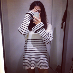 STB\\/2014 奶白色一字领宽松慵懒舒适长款黑白