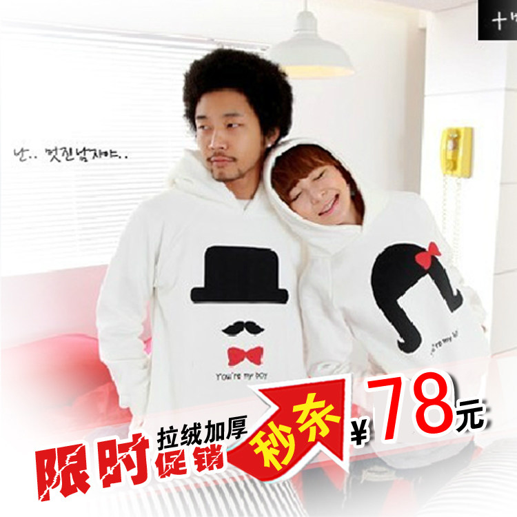 TMALL狂欢节2011新款秋装潮人情侣帽子蝴蝶结加绒卫衣外套情侣装