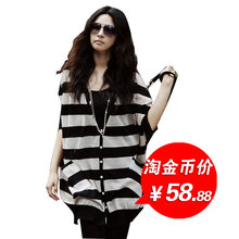 2012新大码宽松黑白条纹蝙蝠衫空调衫防晒衣女中<span class=H>长款</span>薄针织衫开衫