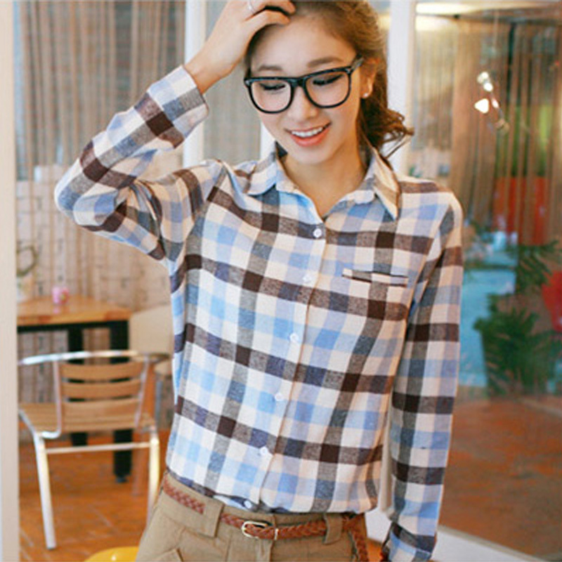 韩版休闲长袖翻领大格...