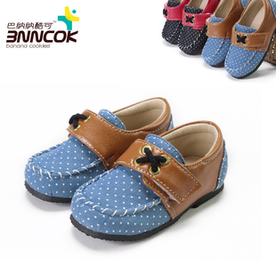  春秋新款 韩版可爱波点pu拼接牛仔布小男女儿童单皮鞋 潮流行蓝色