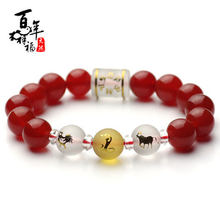  开光年吉祥物 红玛瑙属蛇鸡牛三合三奇转运手链 开运手链