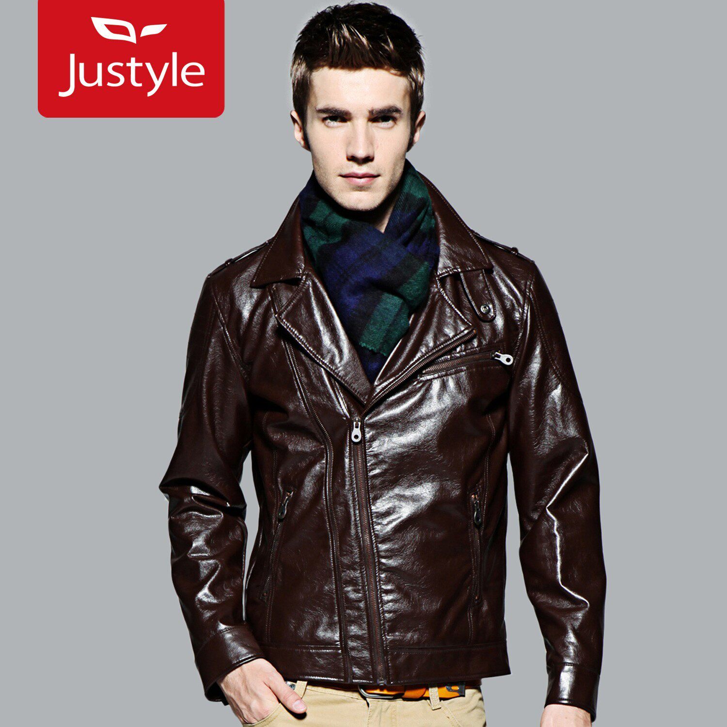 【Justyle】2012春装新款时尚翻领水洗皮男士外套男装皮夹克