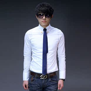  男装 韩版时尚纯棉 修身潮流个性 扣领尖领长袖男式衬衫AS0759