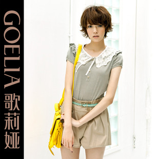 [千]歌莉娅GOELIA 2012夏季新款 荷叶边条纹短袖圆领T恤23E0B970