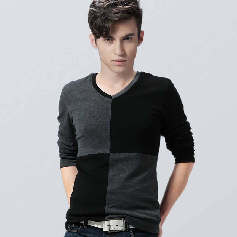 拼色韩版修身长袖男士...