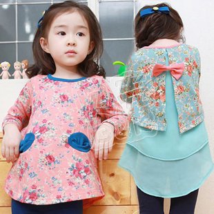  春装韩版新款碎花蝴蝶结女童装宝宝儿童长袖连衣裙子qz-0445