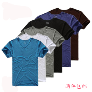  2件包邮 夏款男士薄款莫代尔V领短袖t恤打底衫 低领纯色修身内衣