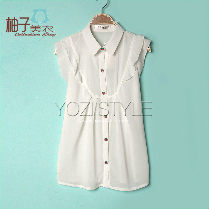 预售 包邮ZB026新款2012夏季韩版淑女修身翻领无袖系扣雪纺衬衫女