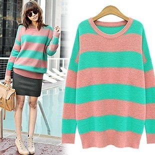 Korea purchasing genuine 2012 spring clothing women's retro relaxed CONTRAST COLOR stripes in Europe and increase code head knit shirts
