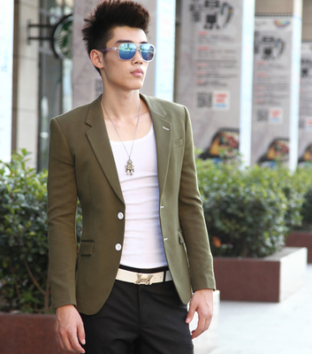 2014新品高档针织修身小西装男韩版休闲男士小西服外套军绿色潮 - 淘淘搜