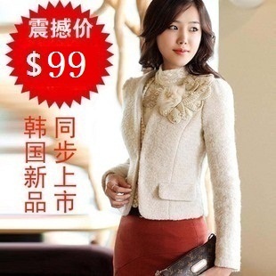  秋冬新款毛呢外套女装 兔毛钉珠花朵 修身羊毛短外套女小外套