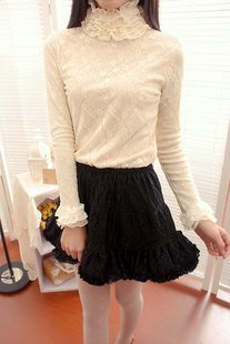  冬天新款高领花朵双层加厚长袖雪纺蕾丝上衣时尚百搭打底衫女爆款