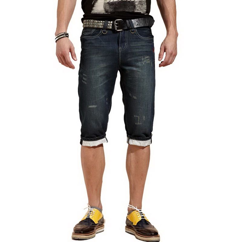 OLOMO2012夏装新品 <span class=H>男装</span>欧美个性时尚蛇纹卷边绣花牛仔中裤 潮