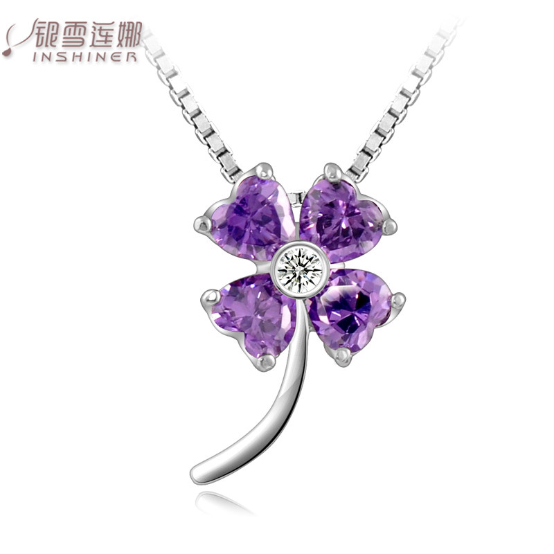莲娜 925纯银紫色四叶草项链 毛衣链 <em>饰品 女</em> 银