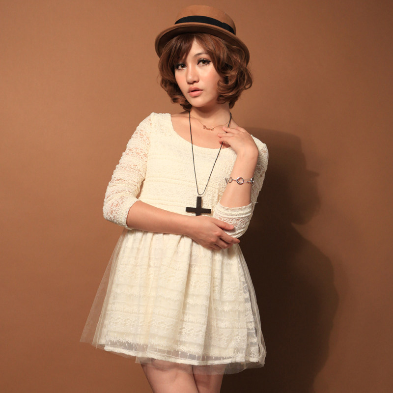 CICI-SHOP 日系 蕾丝花边 圆领 长袖打底连衣裙 573                                                                    