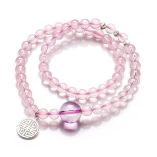  福佑居 精挑粉晶/天然粉水晶手链 镶嵌紫水晶银珠手链 旺桃花