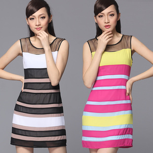 2012偶们风格非honeys 专柜 正品 夏季中腰圆领条纹真丝连衣裙