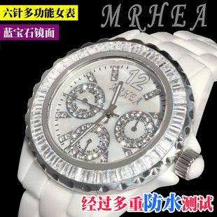  正品牌高端手表韩国时尚镶钻女表 三眼白色陶瓷表 韩版潮流水钻表