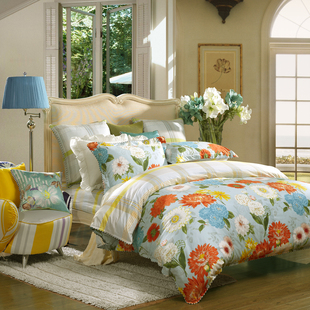  富安娜家纺正品100%全棉斜纹特价床单四件套床上用品爱在花开