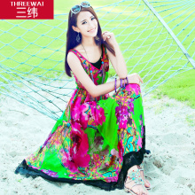 三纬2018 新款印花真丝连衣裙夏 收腰显瘦蕾丝裙桑蚕丝无袖长裙图片