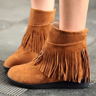  秋冬包邮新款女靴子 甜美磨砂厚底流苏靴防滑雪地靴圆头短靴