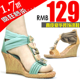 2011夏新款百丽防水台凉鞋正品高跟水钻罗马鱼口木纹坡跟平底女鞋