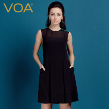 VOA 黑绿重磅真丝拼接无袖圆领朦胧透视短连衣裙 A0327图片