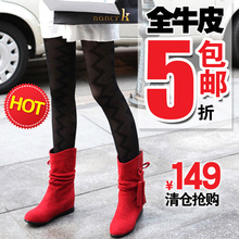 5折包邮清仓新款真皮中筒靴 <span class=H>坡跟</span>内增高平底圆头流苏女式短靴 S80