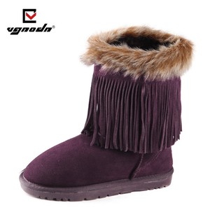  华哥龙登冬季新款雪地靴女冬中筒靴真皮流苏靴正品女靴子