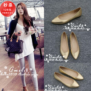  欧美新款金色/银色羊皮单鞋100%真皮小尖头平底鞋真皮女单鞋婚鞋