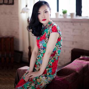  弹力麻旗袍.红绿。连衣裙复古中式礼服改良新款夏装时尚古