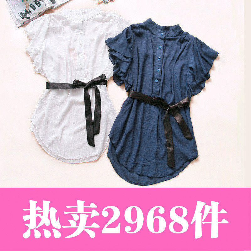754-3326包邮 2011新款韩版衬衫女衬衣 蝴蝶结荷叶边短袖衬衫3色 价格:50.00