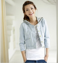 2012春季新款女装新品韩版休闲圆领牛仔短外套带帽 七分袖牛仔衣