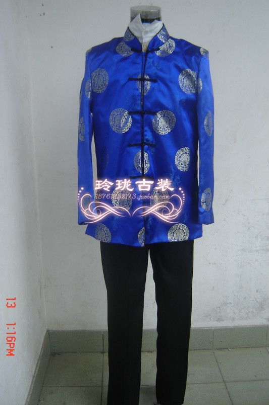 男士唐装上衣长袖蓝色唐人街中式婚礼服装唐朝服装古装演出服装