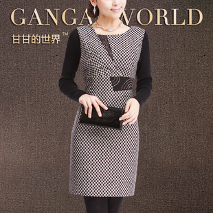 甘甘秋冬新款女装千鸟格长袖秋冬连衣裙 冬款毛呢连衣裙G596