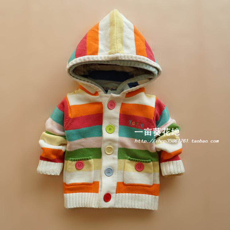 <em>婴儿毛衣宝宝</em>纯棉<em>毛衣外套</em>七彩条纹<em>连帽</em>外套纯