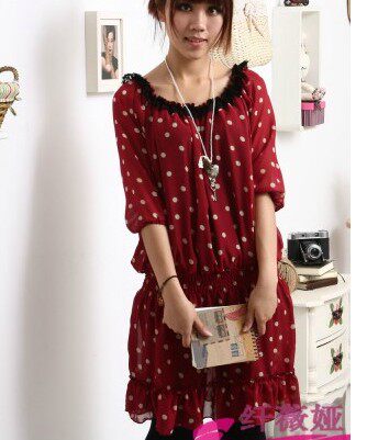 大码女装 特价热卖2012新品女装夏装韩版泡泡袖圆点圆领花雪纺裙