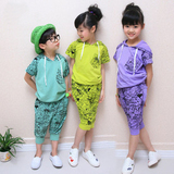 儿童套装韩版男童装女童装夏装2012潮新款哈伦裤涂鸦运动服套装