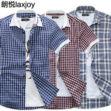 朗悦夏季潮男时尚格子短袖衬衫丝光纯棉免烫男装韩版修身短袖衬衣