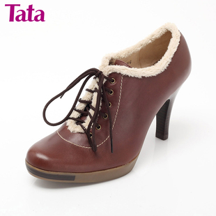  Tata/他她牛皮FTJ23D满帮女鞋 时尚皮草风 及踝鞋 超高跟 正品