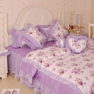 韩国田园紫色花园蕾丝，床裙床上用品韩式全棉公主床品四件套