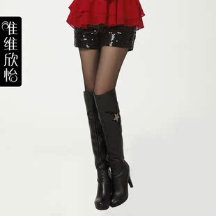  唯维欣怡 秋冬装新品韩版女裤黑色靴裤显瘦热裤休闲百搭亮片短裤