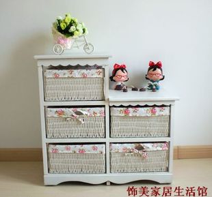 韩式白色5斗柜餐边柜地柜收纳柜床头柜，高低柜藤编田园家具