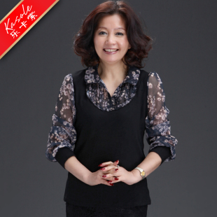  乐卡索 中老年女装秋装假两件长袖T恤衬衫妈妈装秋冬打底衫