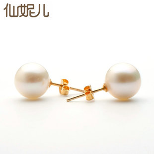  仙妮儿珠宝 典雅 正圆 珍珠耳钉 925纯银 天然珍珠 正品