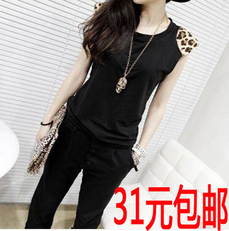 2014新款休闲套装女夏 韩版黑色职业气质豹纹