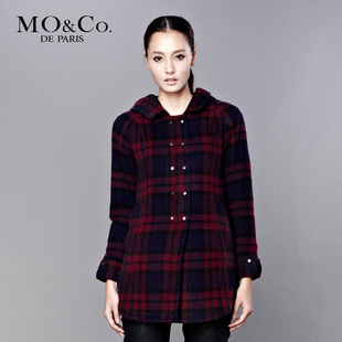 Mo＆Co. 摩安珂 M104OVC56 长款格子毛呢外套 连帽双排扣女外套
