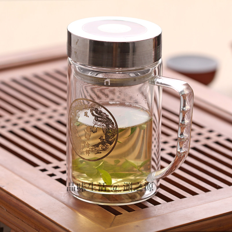 渊之源正品 双层玻璃杯子 带盖带茶隔 广告礼品杯 茶具400ml