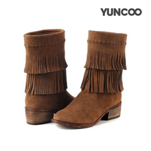 YUNCOO 新款雪地靴牛皮流苏粗跟中筒靴女靴骑士靴11CN014
